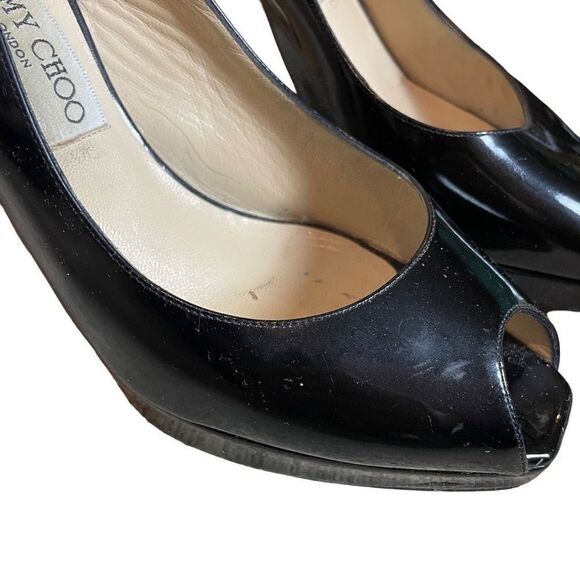 Jimmy Choo Black Patent Leather Peep Toe Platform Sandals | 9.5 - Picture 7 of 11